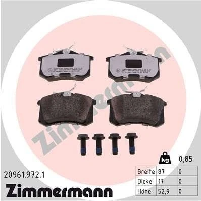 Billede af ZIMMERMANN 20961.972.1 Bremseklodser med skruer Billede svarer til leveringsomfang AUDI: A4 B6 Sedan, A3 Hatchback, VOLKSWAGEN: Polo V Hatchback
