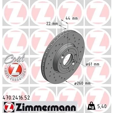Billede af ZIMMERMANN SPORT COAT Z 470.2416.52 Bremseskiver 260 22 6/4 4 100 udvendig ventileret, hullet coatet højkarboniseret RENAULT: CLIO 3