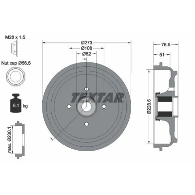 Billede af TEXTAR 94037900 Bremsetromler med integreret magnetisk sensorring, hjulleje, uden hjulbolte, hjulnav 273 PEUGEOT: 208 I Hatchback