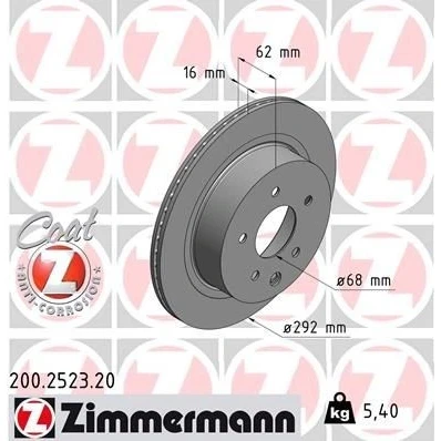 Billede af ZIMMERMANN COAT Z 200.2523.20 Bremseskiver 292 16 6/5 5 114 indvendigt ventileret coatet NISSAN: Qashqai / Qashqai+2 I, Leaf Juke