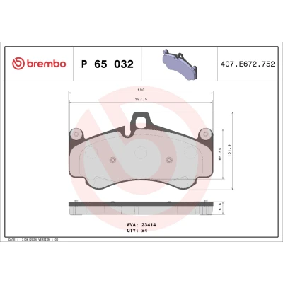 Billede af BREMBO P 65 032 Bremseklodser Forberedt til slidindikator uden tilbehør, med afbalanceringsvægt PORSCHE: 911 Coupe, Cabriolet