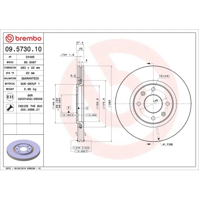 Billede af BREMBO 09.5730.10 Bremseskiver 283 22 4 indvendigt ventileret med skruer CITROËN: Xsara Hatchback, Coupe, Xantia Stationcar