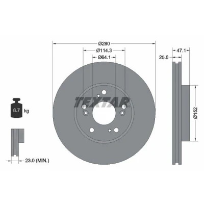 Billede af TEXTAR PRO 92252503 Bremseskiver 280 25 05/09 114,3 indvendigt ventileret coatet uden hjulbolte, hjulnav HONDA: CIVIC 9, 10
