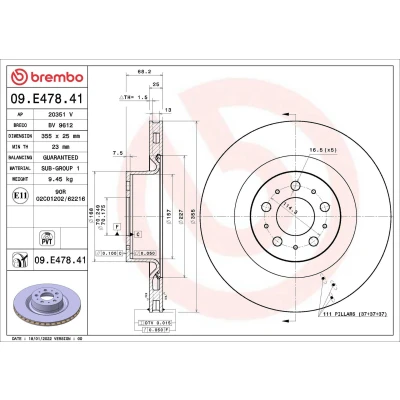 Billede af BREMBO 09.E478.41 Bremseskiver 355 25 5 indvendigt ventileret coatet TESLA: Model Y