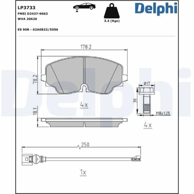 Billede af DELPHI LP3733 Bremseklodser Inkl. slidadvarselskontakt med anti knirke plade tilbehør VOLKSWAGEN: Tiguan II, Arteon, Golf VIII Hatchback