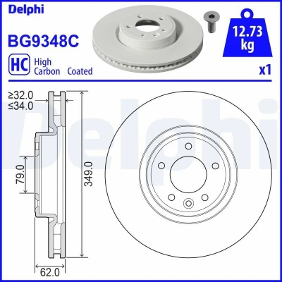 Billede af DELPHI BG9348C Bremseskiver 349 34 5 ventileret coatet højkarboniseret uden hjullejer, ABS sensorring LAND ROVER: Range Rover 4