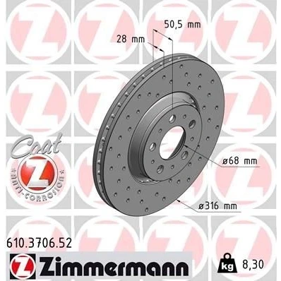 Billede af ZIMMERMANN SPORT COAT Z 610.3706.52 Bremseskiver 316 28 10/5 5 108 udvendig ventileret, hullet coatet VOLVO: V70 2, S60 I, XC90 I