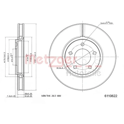 Billede af METZGER 6110622 Bremseskiver foraksel 301,8 28 5 114,3 indvendigt ventileret lakeret, Krydsslebet CHRYSLER: VOYAGER 4