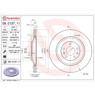 Billede af BREMBO 09.C137.11 Bremseskiver 335 22 5 indvendigt ventileret coatet højkarboniseret med skruer AUDI: A8 D3