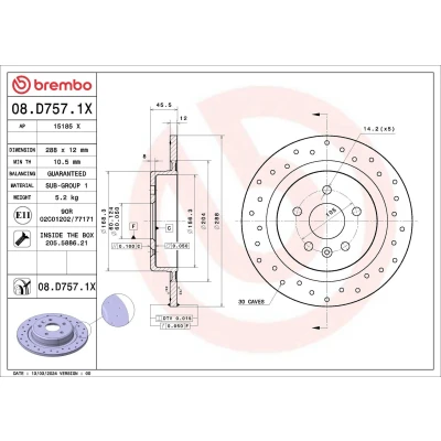 Billede af BREMBO Bremseskive OPEL: Astra K Sports Tourer, Hatchback 288mm 12mm 5 fuldstændigt, hullet coatet 08.D757.1X 13509120,13515914 Bremseskiver