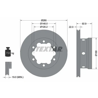 Billede af TEXTAR PRO 92089803 Bremseskiver 285 22 06/06 145 indvendigt ventileret coatet uden hjulbolte, hjulnav