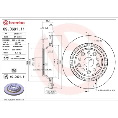 Billede af BREMBO 09.D691.11 Bremseskiver 335 22 5 indvendigt ventileret coatet