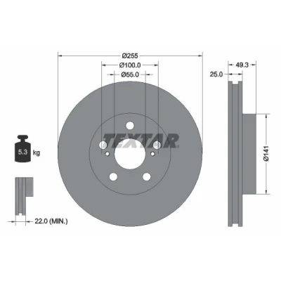 Billede af TEXTAR PRO 92225003 Bremseskiver 255 25 05/07 100 indvendigt ventileret coatet uden hjulbolte, hjulnav LEXUS: CT, TOYOTA: Prius III Hatchback