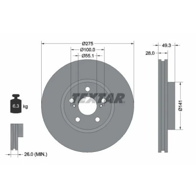 Billede af TEXTAR PRO 92142003 Bremseskiver 275 28 05/07 100 indvendigt ventileret coatet uden hjulbolte, hjulnav TOYOTA: Avensis I Stationcar