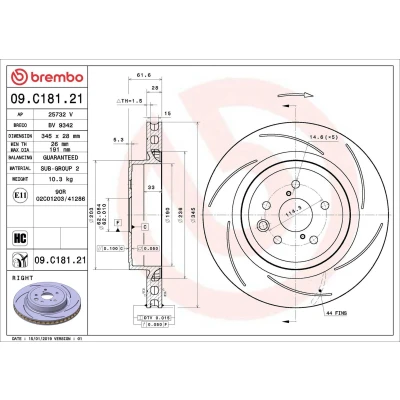 Billede af BREMBO 09.C181.21 Bremseskiver 345 28 5 opslidset, indvendigt ventileret coatet højkarboniseret