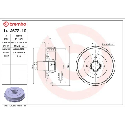 Billede af BREMBO 14.A672.10 Bremsetromler uden ABS sensorring 203 NISSAN: MICRA 3