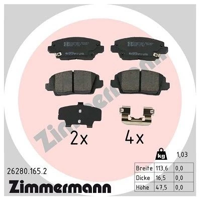 Billede af ZIMMERMANN 26280.165.2 Bremseklodser med akustisk advarsel for slid Billede svarer til leveringsomfang, glideplade KIA: Picanto III
