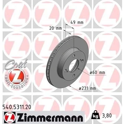 Billede af ZIMMERMANN COAT Z 540.5311.20 Bremseskiver 231 20 6/4 4 100 indvendigt ventileret coatet SUZUKI: Celerio