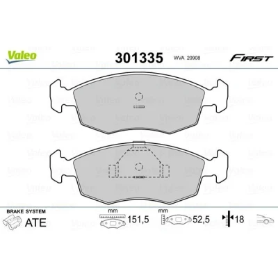 Billede af VALEO 301335 Bremseklodser FIRST foraksel Ekskl. slidadvarselskontakt med anti knirke plade FORD: Sierra Mk2 Sedan, SCORPIO 1, KA Hatchback