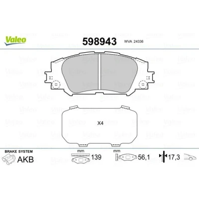 Billede af VALEO 598943 Bremseklodser foraksel med anti knirke plade TOYOTA: Yaris III Hatchback, RAV4 IV SUV, Auris Hatchback