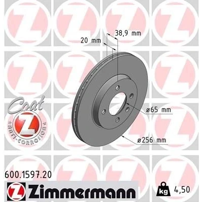Billede af ZIMMERMANN COAT Z 600.1597.20 Bremseskiver 256 20 5/4 4 100 indvendigt ventileret coatet VOLKSWAGEN: Lupo / 3L, GOLF 2, 3, SEAT: Arosa