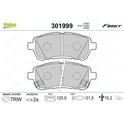 Billede af VALEO 301999 Bremseklodser FIRST foraksel Inkl. slidadvarselskontakt med anti knirke plade FORD: FIESTA 6, 6 Van, MAZDA: 2 Hatchback