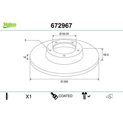 Billede af VALEO Bremseskive FORD: Transit Custom V362 Van, Mk7 Bus bagaksel 288mm 16mm 5 hul fuldstændigt coatet 672967 1764283
