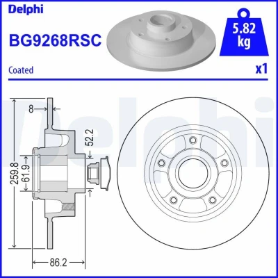 Billede af DELPHI BG9268RSC Bremseskiver 260 8 5 fuldstændigt coatet ubehandlet med hjulleje, ABS sensorring, leje RENAULT: Megane 4
