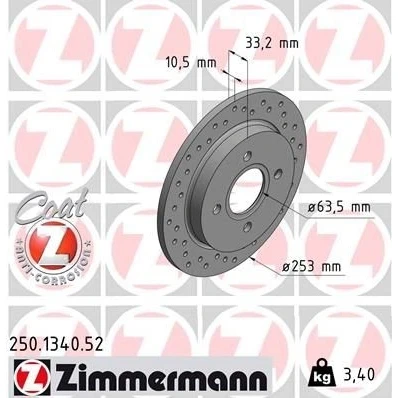Billede af ZIMMERMANN SPORT COAT Z 250.1340.52 Bremseskiver 253 10 4/4 4 108 fuldstændigt, hullet coatet FORD: FIESTA 6, 5, Focus Mk1 Hatchback
