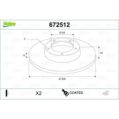 Billede af VALEO 672512 Bremseskiver bagaksel 268 10 5 fuldstændigt coatet VOLKSWAGEN: Sharan I, FORD: Galaxy Mk1 MPV