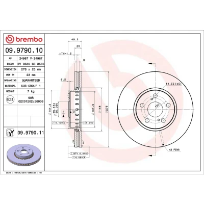 Billede af BREMBO COATED DISC LINE 09.9790.11 Bremseskiver 276 25 5 indvendigt ventileret coatet TOYOTA: Avensis I Stationcar, Sedan