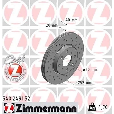 Billede af ZIMMERMANN SPORT COAT Z 540.2491.52 Bremseskiver 252 20 8/4 4 100 indvendigt ventileret, hullet coatet SUZUKI: SWIFT 3, Splash, OPEL: Agila B
