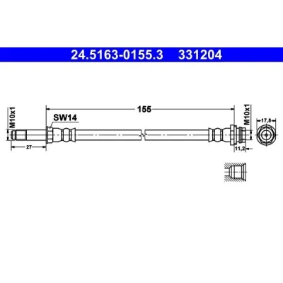 Billede af ATE 24.5163 0155.3 Bremseslange 155 M10x1 FORD: MONDEO 4, 4 Turnier, Galaxy Mk2 MPV