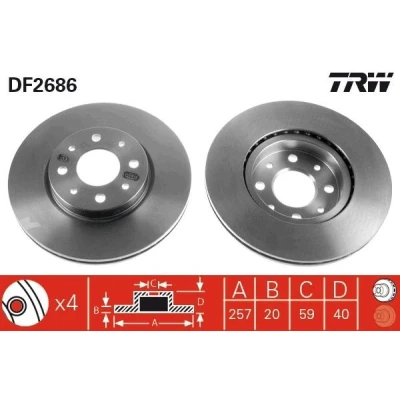 Billede af TRW DF2686 Bremseskiver 257 20 4 98 ventileret lakeret FIAT: Punto II Hatchback, Doblo I Stationcar, ALFA ROMEO: 155