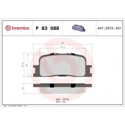 Billede af BREMBO P 83 088 Bremseklodser Ekskl. slidadvarselskontakt uden tilbehør TOYOTA: Camry V Sedan
