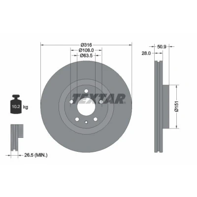 Billede af TEXTAR 92309603 Bremseskiver 316 28 05/06 108 indvendigt ventileret coatet uden hjulbolte, hjulnav FORD: Mondeo 5 Kombi