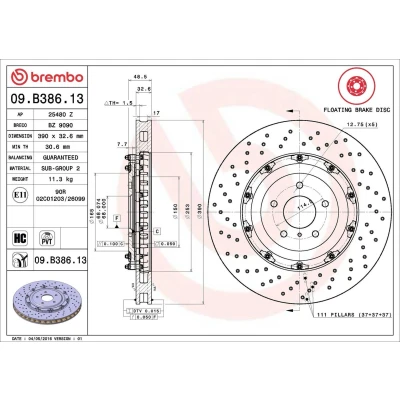 Billede af BREMBO TWO PIECE FLOATING DISCS LINE 09.B386.13 Bremseskiver 390 32,6 5 perforeret/indv. ventileret, todelt bremseskive coatet højkarboniseret