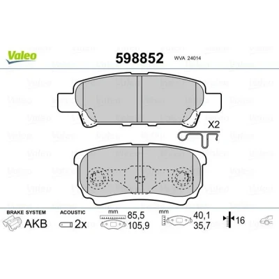 Billede af VALEO 598852 Bremseklodser bagaksel Inkl. slidadvarselskontakt med anti knirke plade MITSUBISHI: Lancer 7, 8 Limousine, OUTLANDER 3