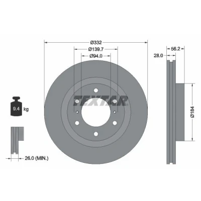 Billede af TEXTAR PRO 92167203 Bremseskiver 332 28 06/08 139,7 indvendigt ventileret coatet uden hjulbolte, hjulnav MITSUBISHI: PAJERO 4