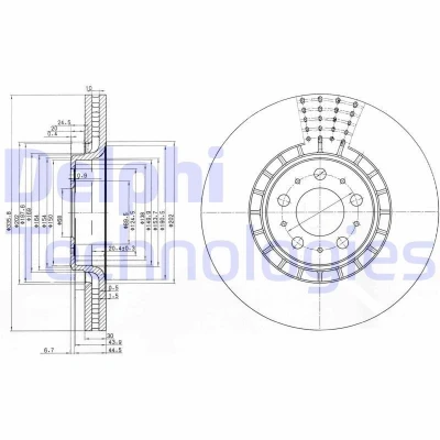 Billede af DELPHI BG9783C Bremseskiver 336 30 5 ventileret coatet ubehandlet uden hjullejer, ABS sensorring VOLVO: XC90 I, S80 II