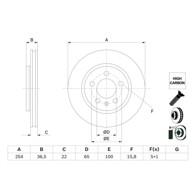Billede af BOSCH 0 986 479 E01 Bremseskiver 254 22 5 100 ventileret coatet højkarboniseret med skruer VOLKSWAGEN: Polo V Hatchback