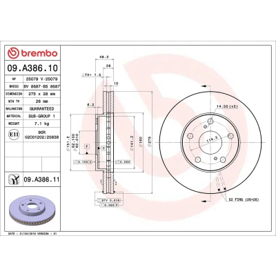 Billede af BREMBO COATED DISC LINE 09.A386.11 Bremseskiver 275 28 5 indvendigt ventileret coatet TOYOTA: Avensis Verso, Camry IV Sedan