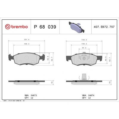Billede af BREMBO P 68 039 Bremseklodser Ekskl. slidadvarselskontakt uden tilbehør DACIA: Logan I MCV