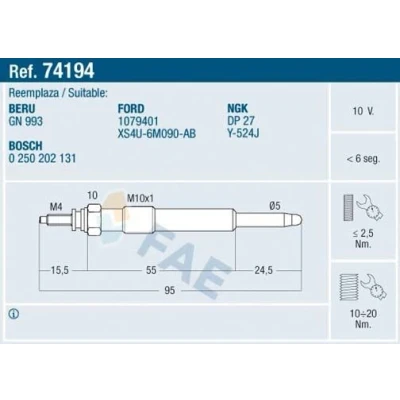 Billede af FAE 74194 Gløderør 10V M 10x1 FORD: MONDEO 4 Turnier, S Max Mk1, C