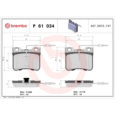 Billede af BREMBO P 61 034 Bremseklodser Inkl. slidadvarselskontakt uden tilbehør