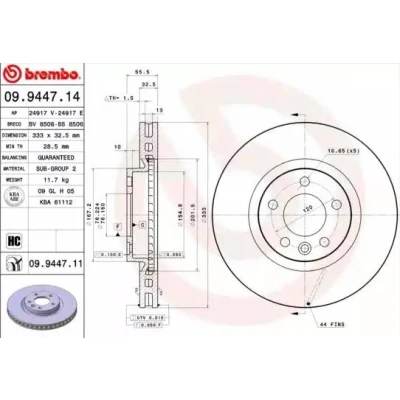 Billede af BREMBO COATED DISC LINE 09.9447.11 Bremseskiver 333 32,5 5 indvendigt ventileret coatet højkarboniseret VOLKSWAGEN: Multivan (7HM, Transporter