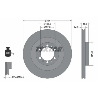 Billede af TEXTAR PRO 92144803 Bremseskiver 314 24 06/10 108 indvendigt ventileret coatet uden hjulbolte, hjulnav MITSUBISHI: L200 / Triton IV Pick up