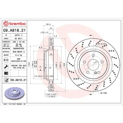 Billede af BREMBO 09.A818.21 Bremseskiver 320 24 5 perforeret/indv. ventileret coatet højkarboniseret med skruer