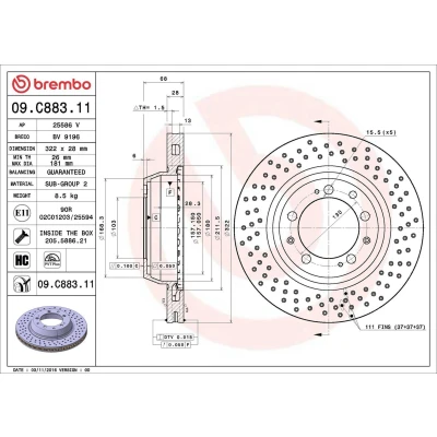 Billede af BREMBO 09.C883.11 Bremseskiver 322 28 5 perforeret/indv. ventileret coatet højkarboniseret med skruer PORSCHE: 911 Cabriolet