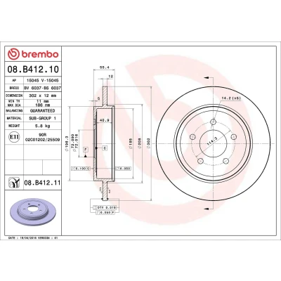 Billede af BREMBO COATED DISC LINE 08.B412.11 Bremseskiver 302 12 5 fuldstændigt coatet FORD: Maverick SUV